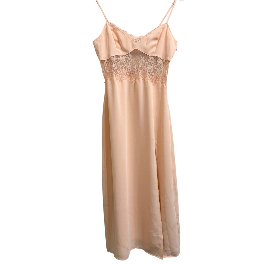 Open Edit Slip Dress Midi Lace Trim Adjustable Straps Peach Slit Size Small‎